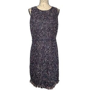 Per Se Sheath Tweed Dress with Fringe on Waist & Hem Size 10